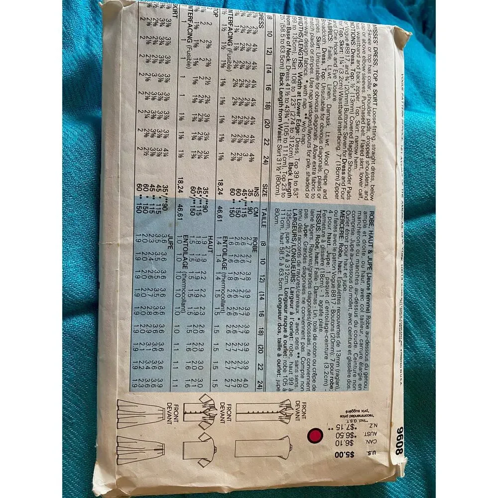 Vogue 9608 shirt dress pattern sz 8 10 12